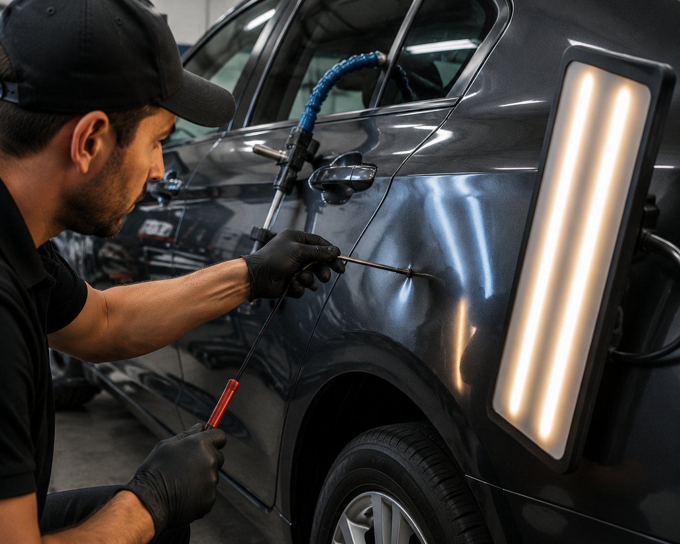 Car detailer polishing a black car door with a buffer in a workshop