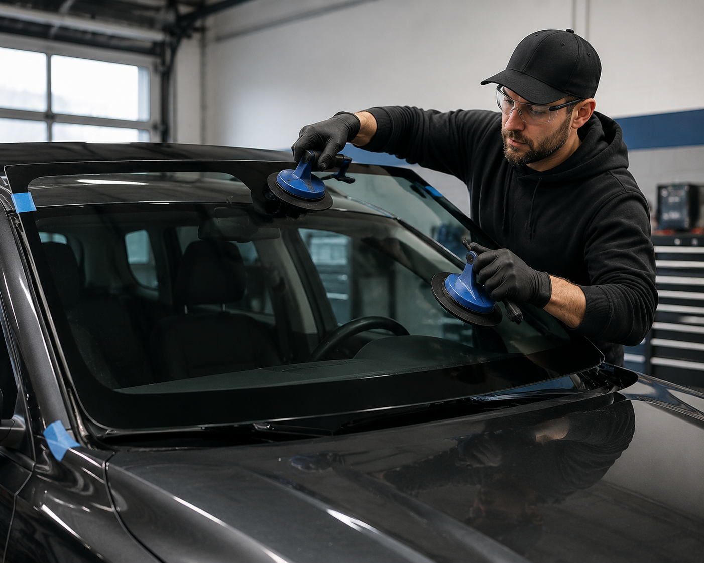 Man polishing a dark car windshield in a garage with blue cleaning pads