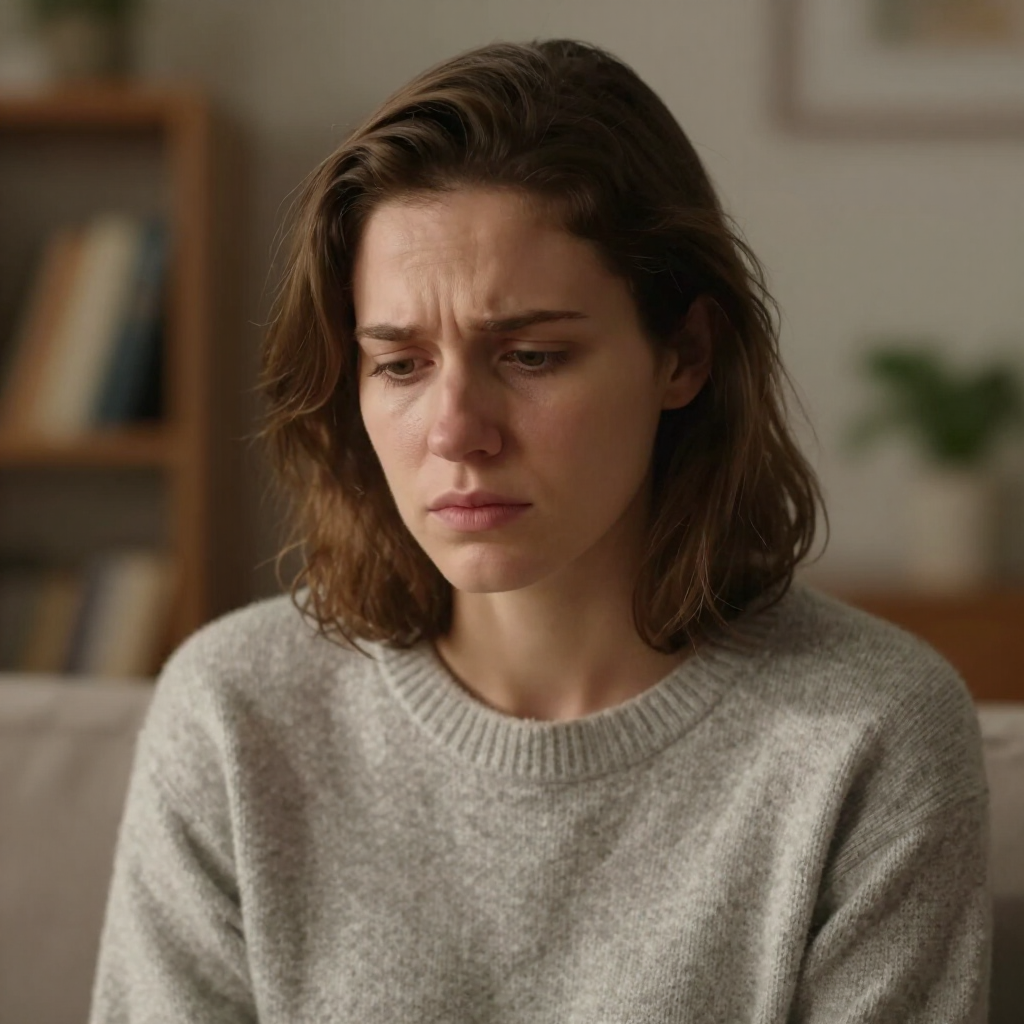 Woman with a concerned expression sitting indoors, wearing a gray sweater, with a blurred bookshelf in the background