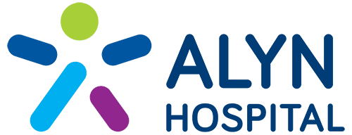 A logo for alyn hospital with a blue , green , and purple figure.