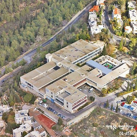 An aerial view of a large building surrounded by trees