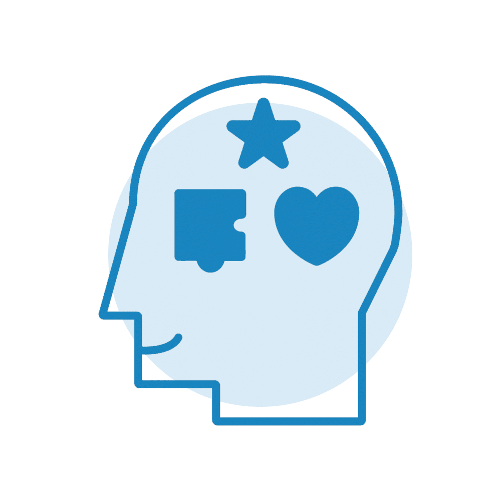 A blue icon of a person 's head with a star , heart , and speech bubble.