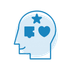 A blue icon of a person 's head with a star , heart , and speech bubble.