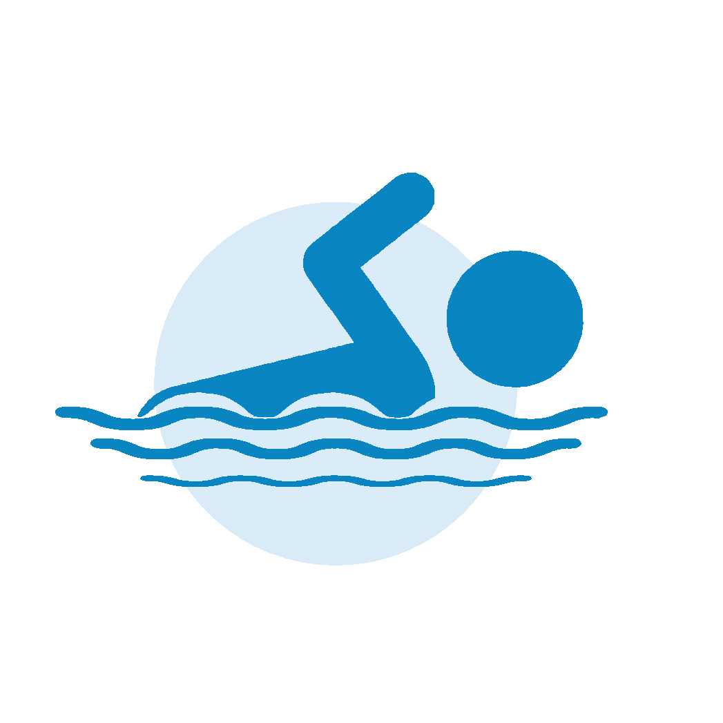A blue icon of a person swimming in the water.