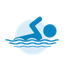 A blue icon of a person swimming in the water.