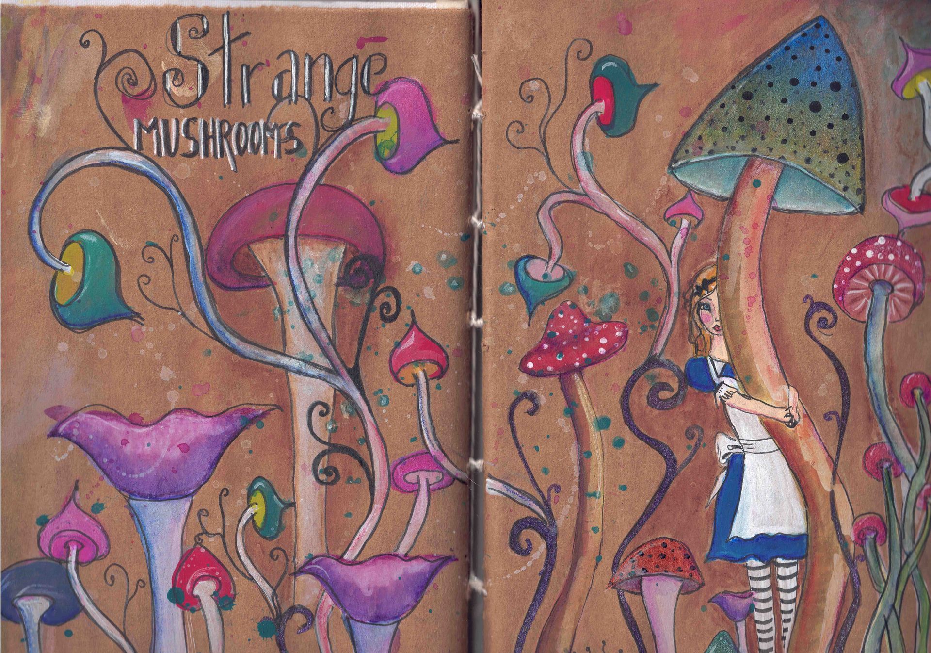 Whimsical, mixed media, hand-made art journal painting. Painted on kraft paper. Watercolor, acrylic, pencils, pen. 
