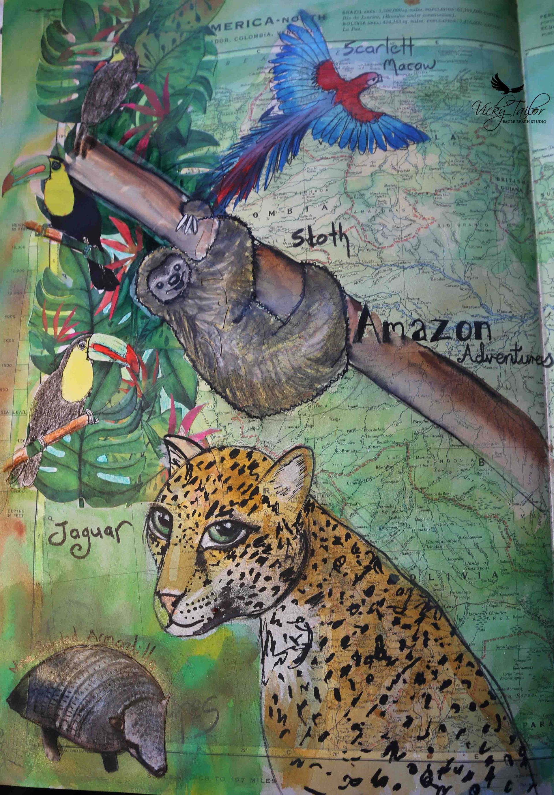 Mixed media in altered book (old atlas). Using collage, watercolors, acrylics, inks, pens and pencils