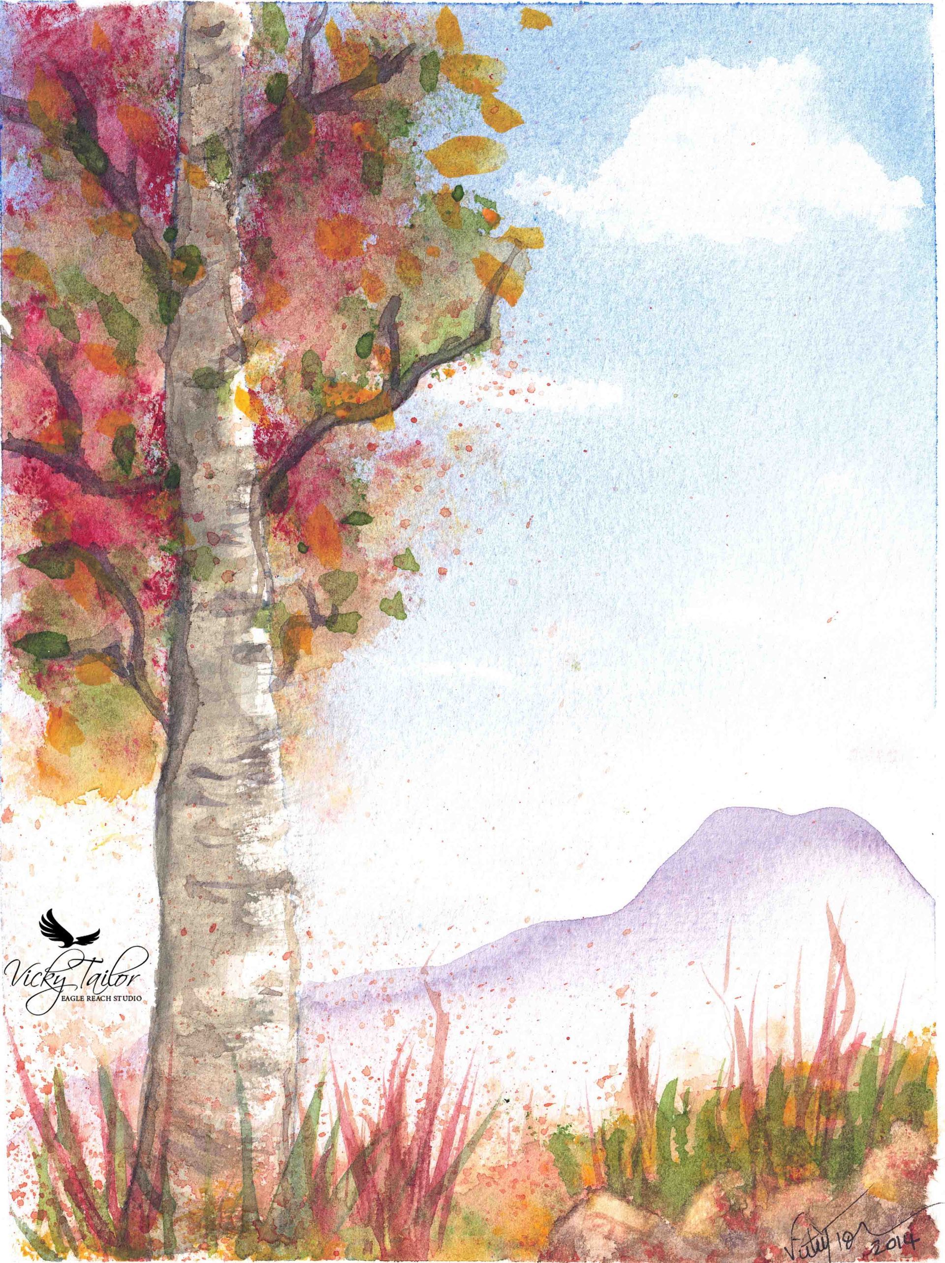 Watercolor painting of a birch tree with colorful autumn leaves in the foreground and a distant purple mountain under a bright blue sky