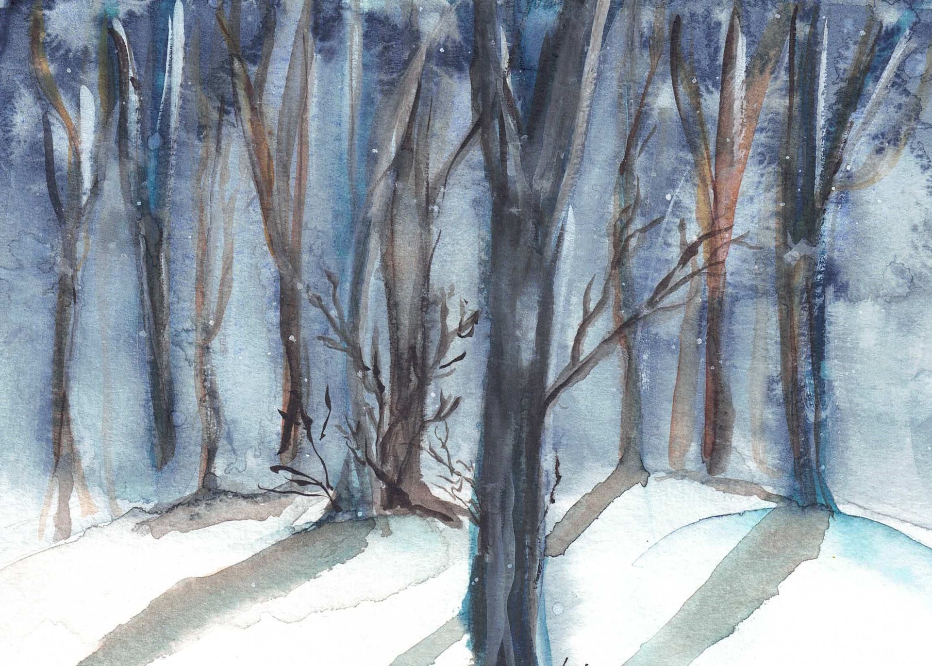 Watercolor painting of a winter forest with soft washes and a gentle hazy winter atmosphere