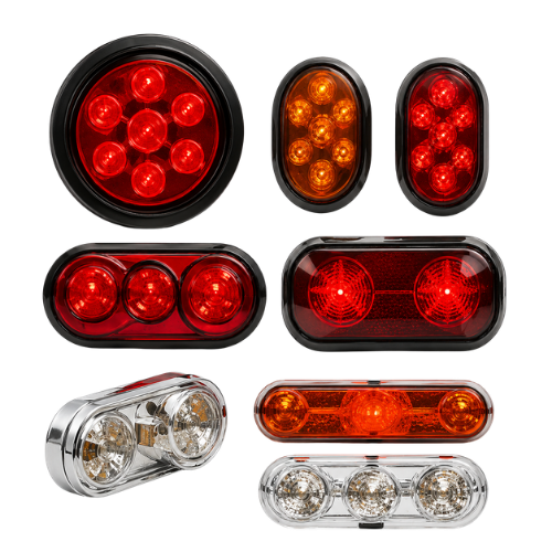 Assorted red, amber, and clear vehicle LED tail lights on a white background