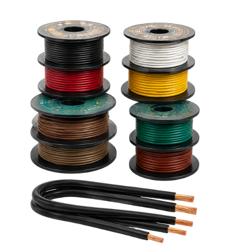 Assorted spools of multicolored electrical wire with stripped copper ends on a white background
