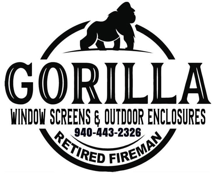 The gorilla window screens and outdoor enclosures logo has a gorilla on it.