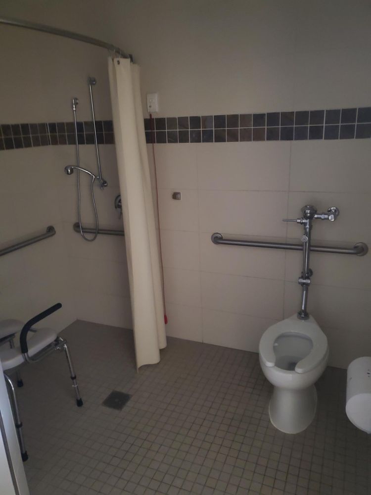 A handicapped bathroom with a toilet and shower