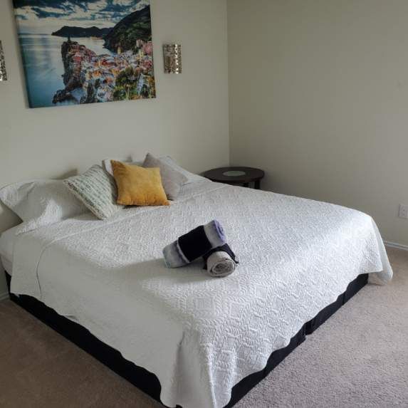 A bedroom with a large bed and a painting on the wall above it