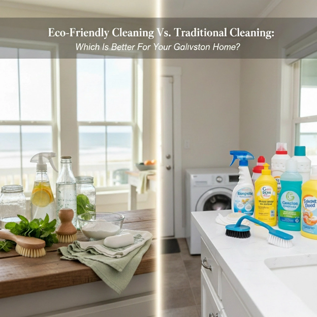 Eco-friendly and traditional cleaning products displayed in a home with a beach view.