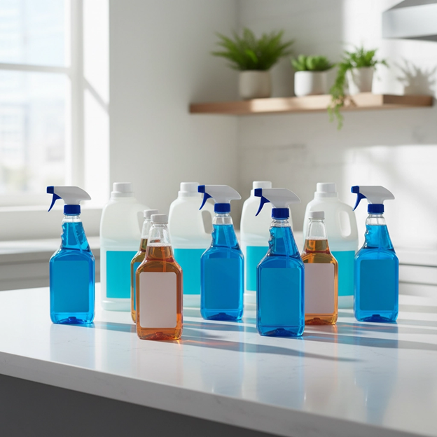 Cleaning supplies on a countertop. Blue spray bottles and liquid containers in a kitchen setting.