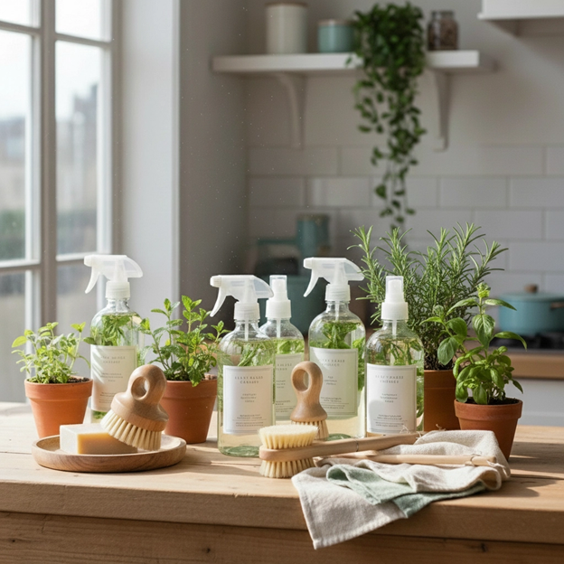 Cleaning supplies and herbs on a kitchen counter: spray bottles, brushes, potted plants, and cloth.