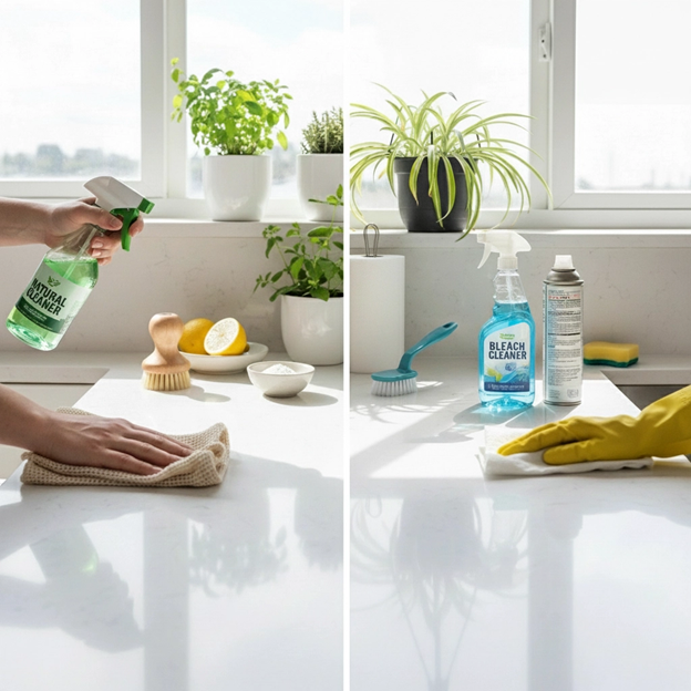 Two images: a person spraying and wiping a white countertop with cleaning products.