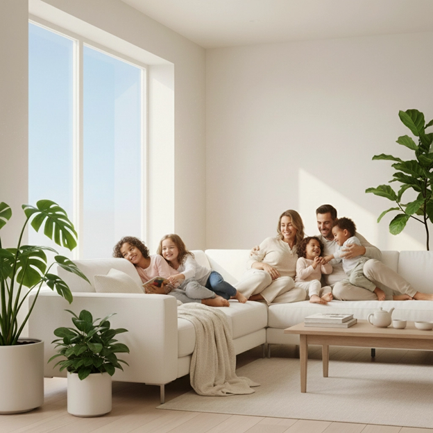 Family of five sits on a white couch, near a window and plants.
