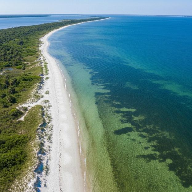 Aerial view of a long, sandy beach with clear turquoise water and a tree-lined shore.