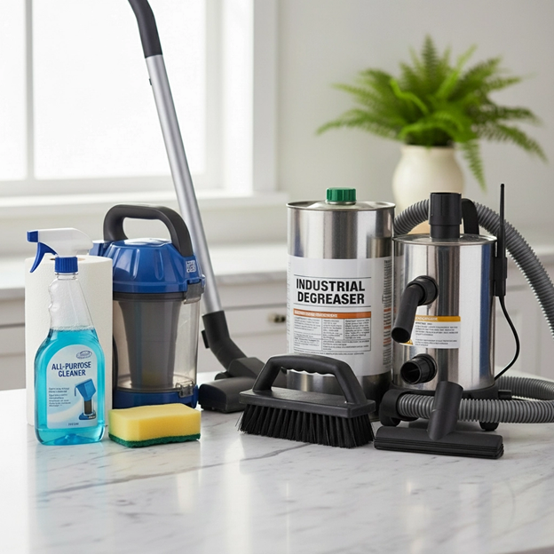 Cleaning supplies on a countertop. Includes a vacuum, degreaser, spray bottle, brush, sponge, and towels.