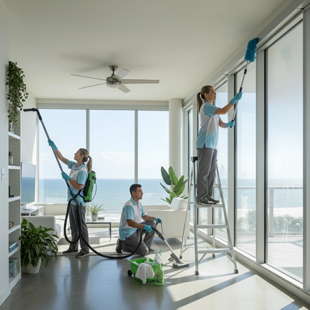 Cleaning crew in a bright room with ocean view, using equipment to dust and vacuum.