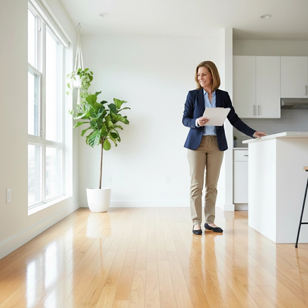 Woman in blazer and khakis, holding papers, smiles in a bright, modern apartment with hardwood floors and a tall plant.