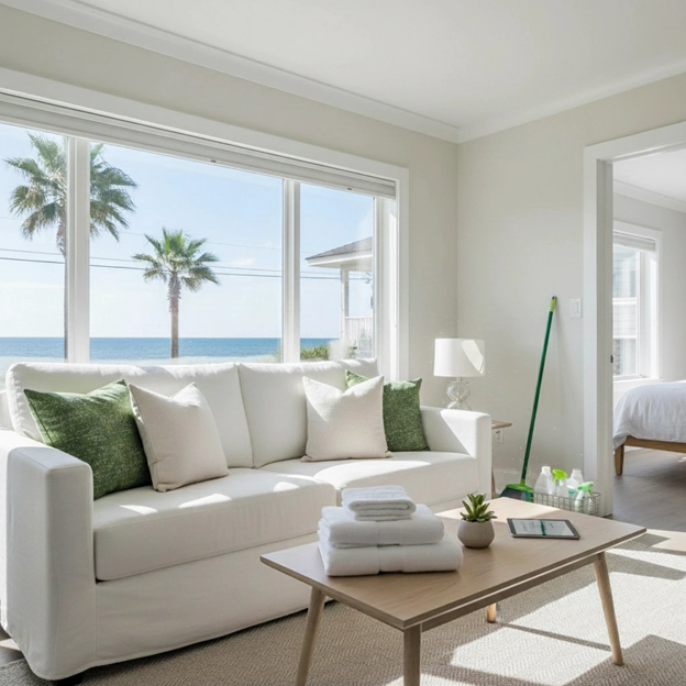 Living room with white sofa, ocean view, green pillows, and open doorway to a bedroom.