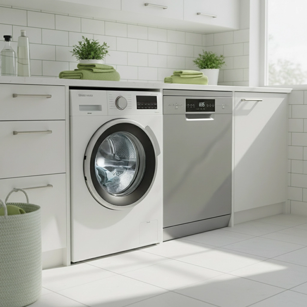 A washing machine and dishwasher are side-by-side in a laundry room, with white cabinets and tile.