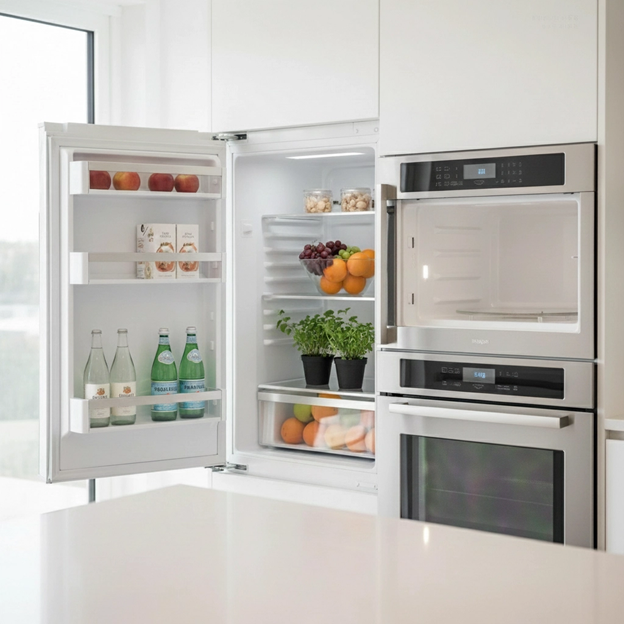 Refrigerator with door open, showcasing organized produce and drinks. Built-in microwave and oven to the right. White kitchen setting.