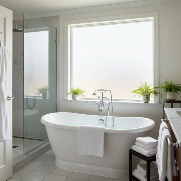 Bathroom with white soaking tub, large frosted window, shower, and potted plants.