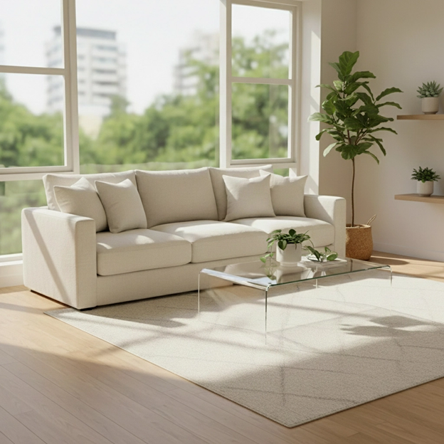 Cream-colored sofa in sunlit room with glass coffee table, potted plants, and rug. Window overlooks green trees.