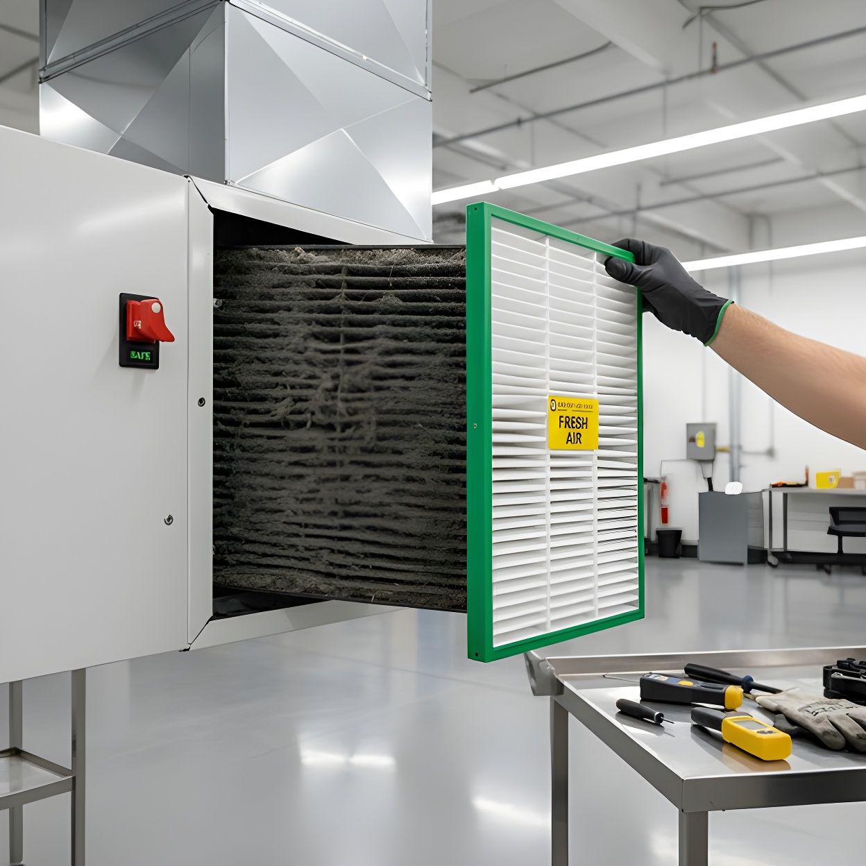 Person replacing a very dirty air filter in a ventilation system. Filter is green and white. Person replacing a very dirty air filter in a ventilation system. Filter is green and white.