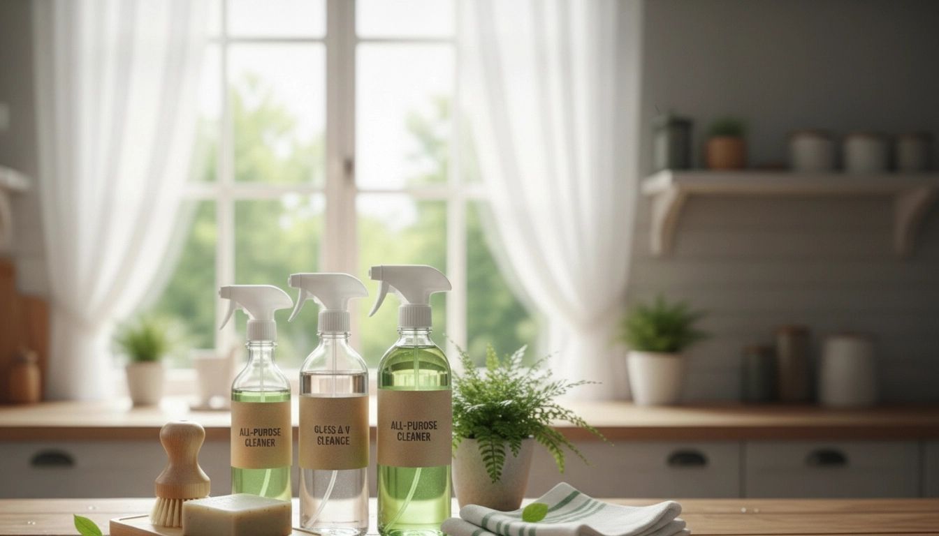 Cleaning supplies on a kitchen counter.
