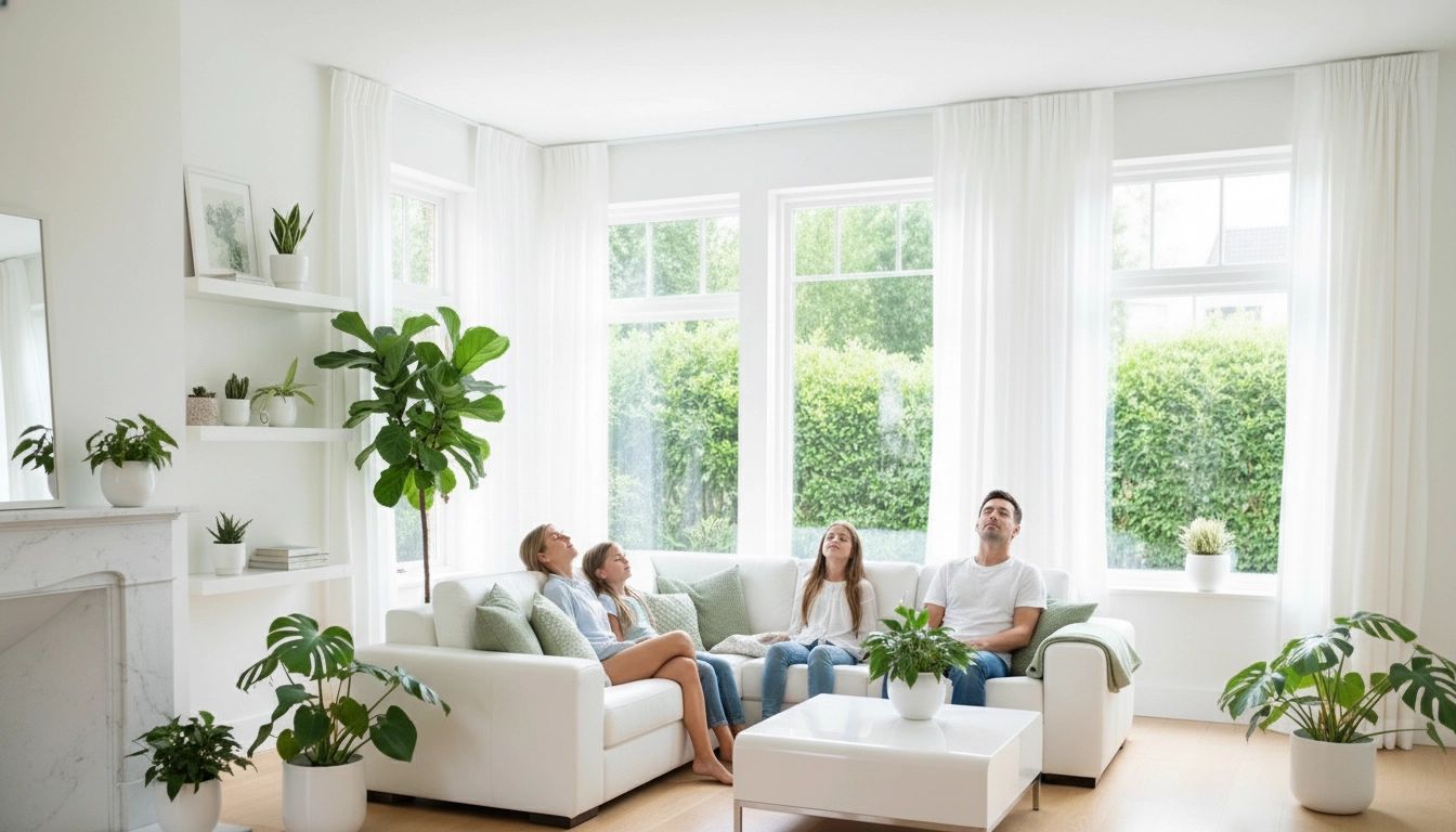 Family relaxing on a white sofa in a bright living room with large windows and plants. Family relaxing on a white sofa in a bright living room with large windows and plants.