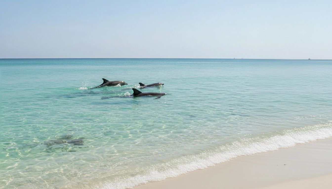 Three dolphins swim in clear, turquoise water near a white sand beach under a blue sky. Three dolphins swim in clear, turquoise water near a white sand beach under a blue sky.