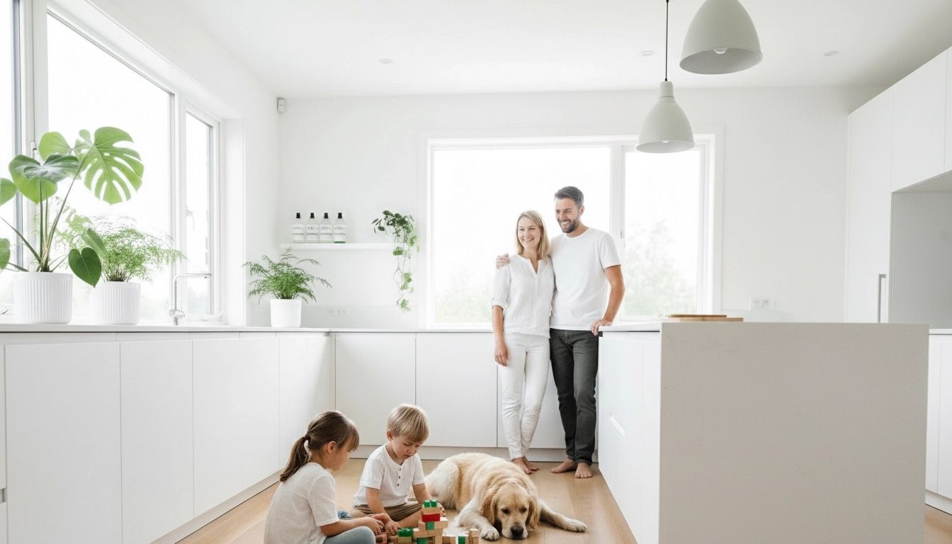 Family in a modern white kitchen with children playing with blocks and a dog. Family in a modern white kitchen with children playing with blocks and a dog.