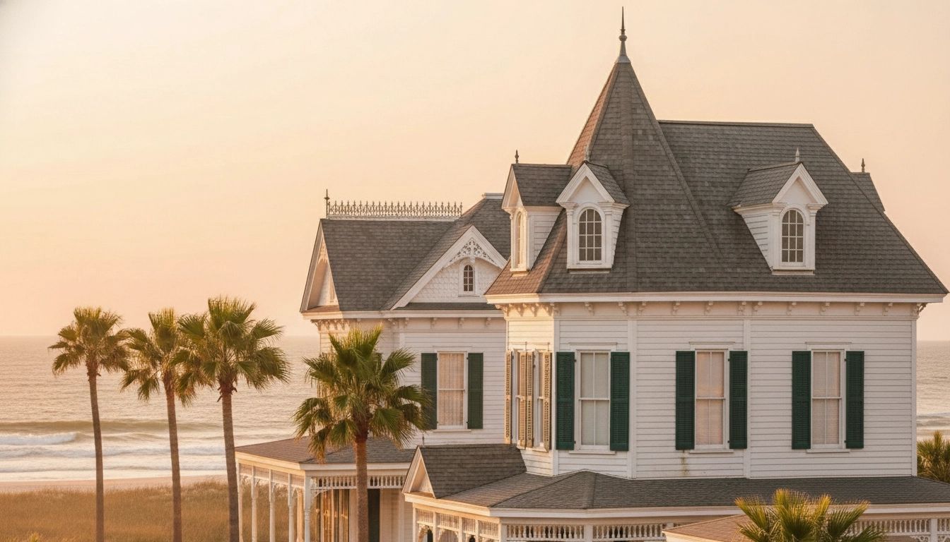 White Victorian house with gray roof, ocean and palm trees at sunset. White Victorian house with gray roof, ocean and palm trees at sunset.