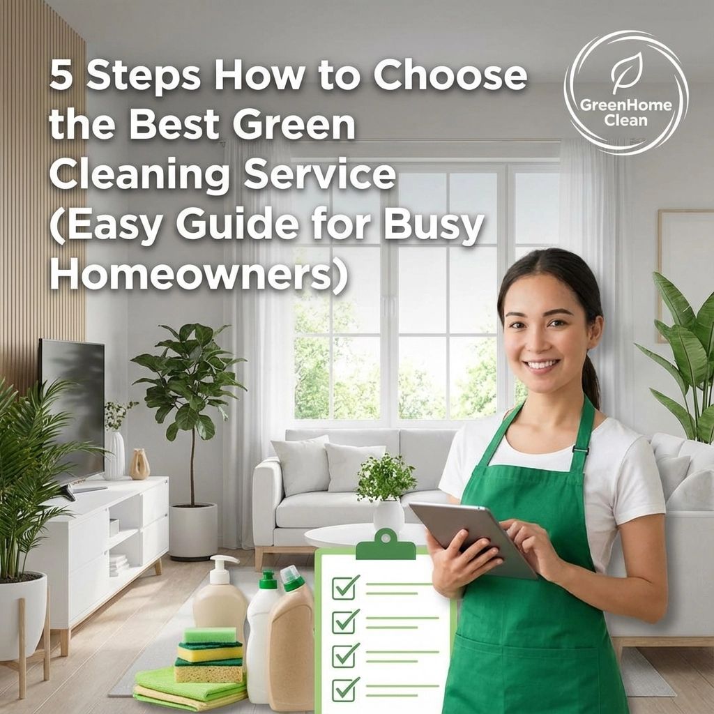 Woman holding tablet, smiling in a clean living room, and advertising a green cleaning service.