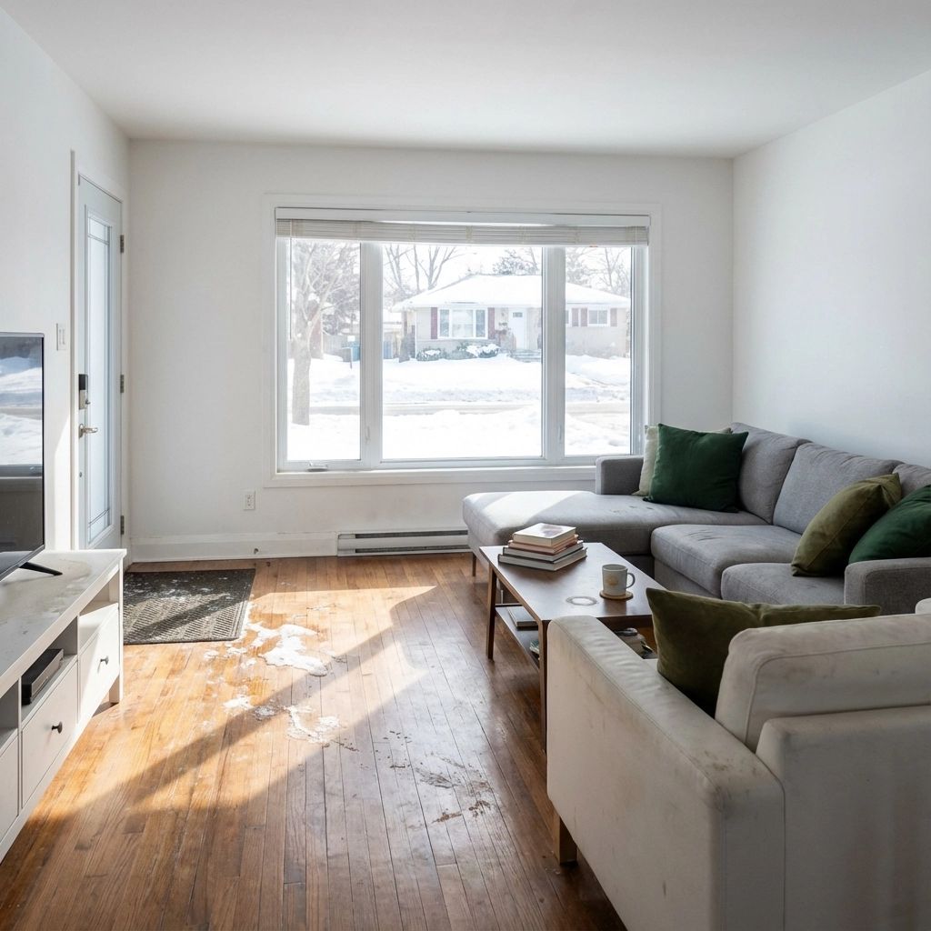 Living room with a gray sectional, white sofa, and a window overlooking a snowy scene. Living room with a gray sectional, white sofa, and a window overlooking a snowy scene.