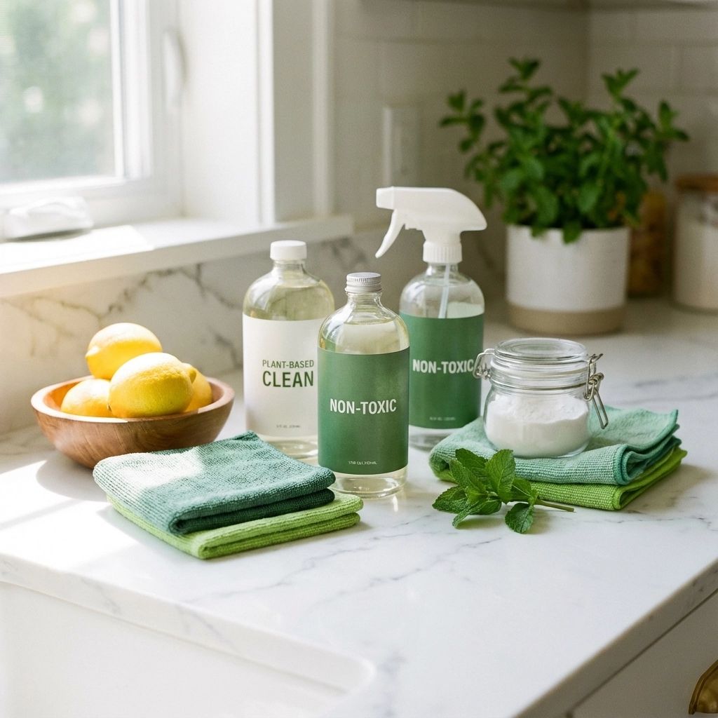 Kitchen counter with cleaning supplies, lemons, and herbs. Kitchen counter with cleaning supplies, lemons, and herbs.
