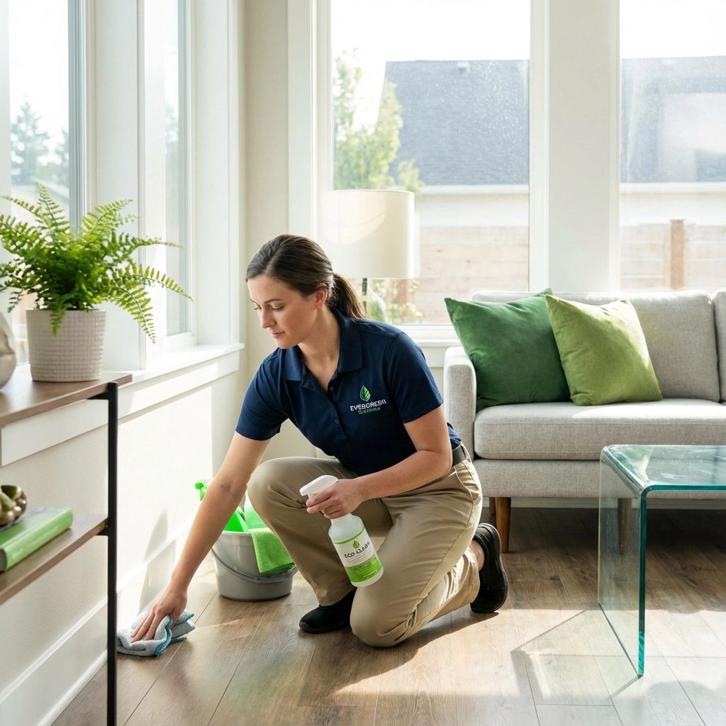 Woman in blue shirt cleans a wooden floor with a spray bottle in a sunny living room. Woman in blue shirt cleans a wooden floor with a spray bottle in a sunny living room.