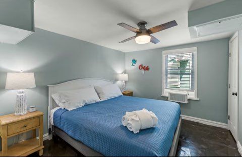 Bedroom with a blue bed, nightstands, and a ceiling fan; light blue walls and a window.