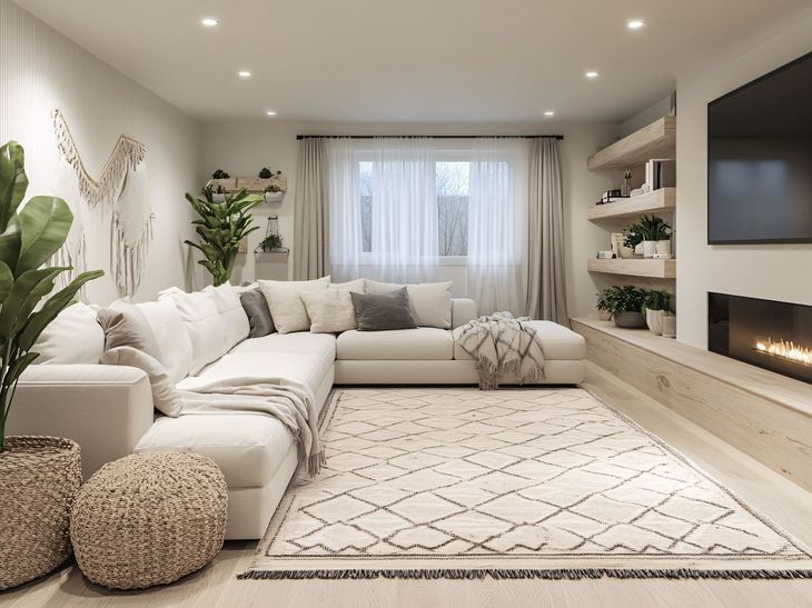 A living room with a large sectional couch , fireplace and television.