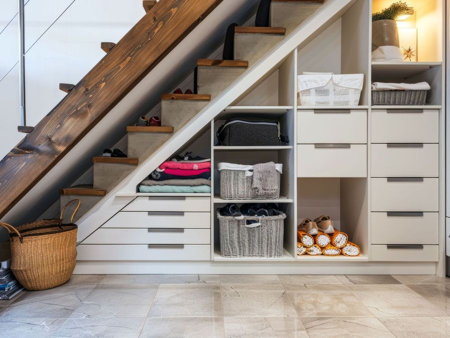 A closet under a staircase with drawers and shelves