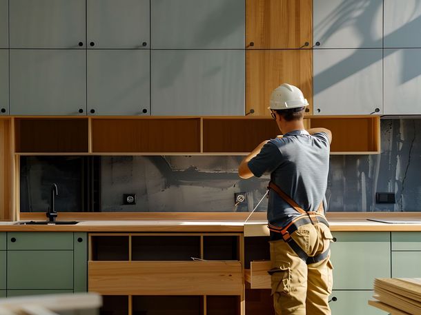 A man in a hard hat is working on a kitchen.