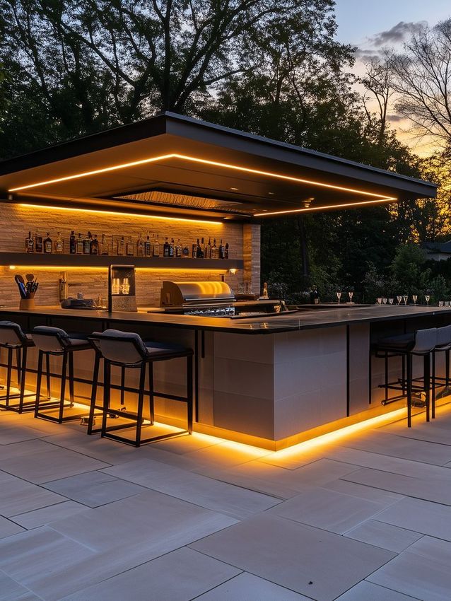 A large outdoor kitchen with a bar and stools is lit up at night.