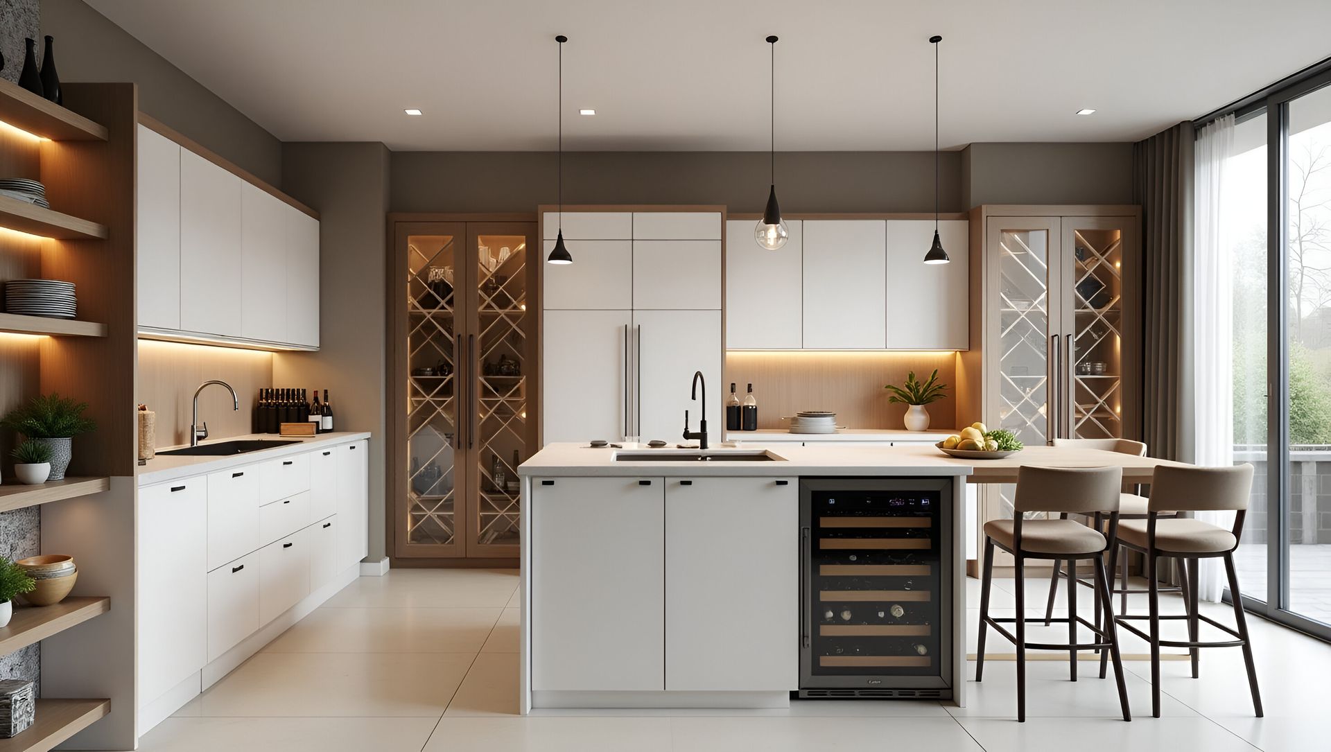 Modern kitchen with white cabinets, wooden accents, a wine cooler, and bar seating.