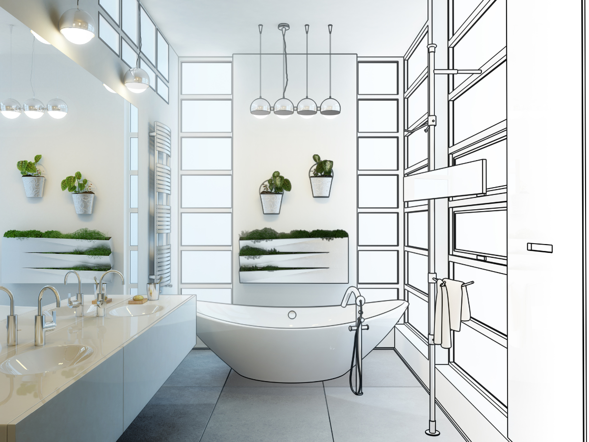 A black and white drawing of a bathroom with a bathtub and sinks