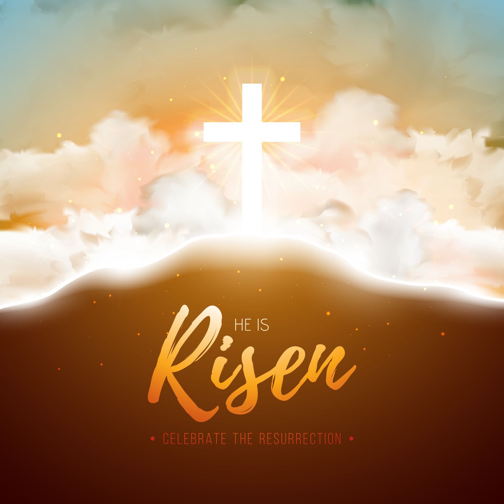 A bright white cross glows above a golden landscape with clouds, featuring the text 